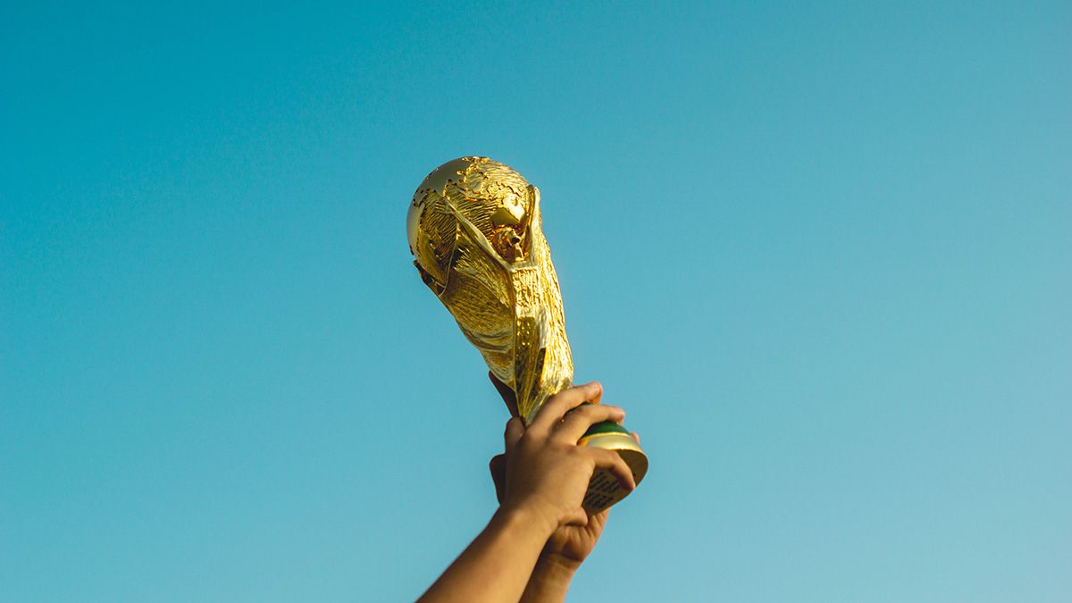 The FIFA World Cup trophy being help up.