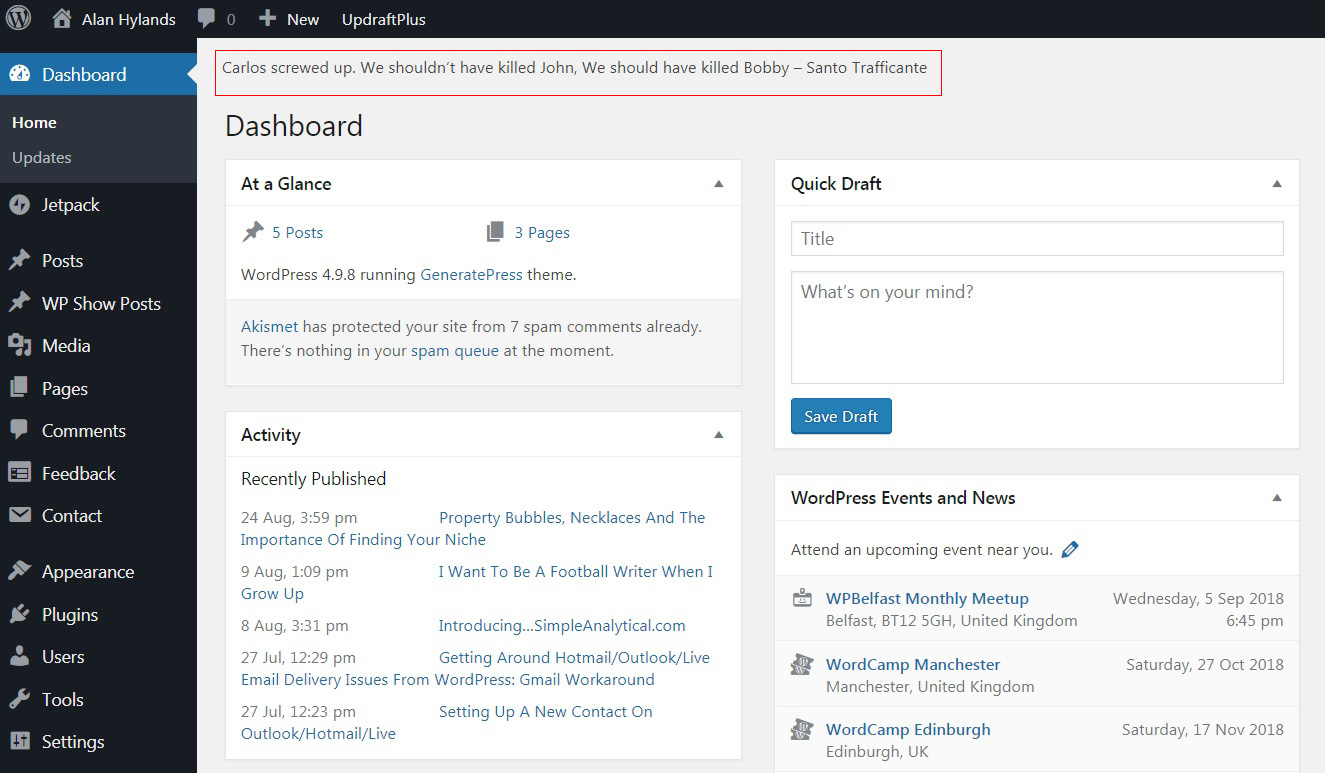 Mob Quotes on our Wordpress admin panel